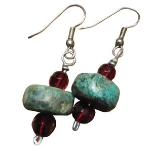 Blue Turquoise Gem Stone Red Beads Unique Boho Handmade Gemstone Earrings KATTA